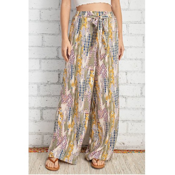 Palazzo Pants Patchwork Printed Front Tie Detail with Lining - Picture 4 of 8